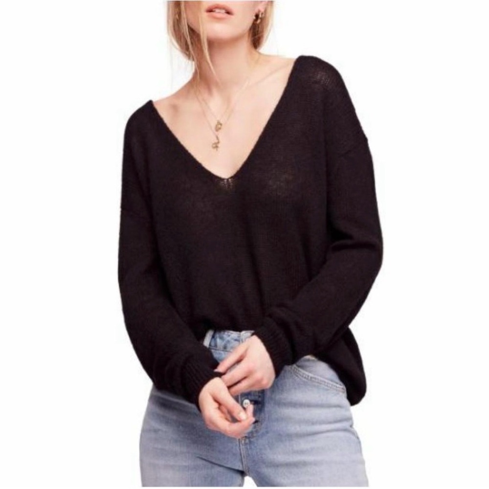 Free People Black Alpaca Blend Oversized Sweater Slouchy Boho Grunge Cozy Knit